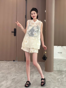 New Chinese Style Womens White Vest Set Summer 2025 High End Feel National Style Button Two Piece Set Short Sleeve Stand Collar