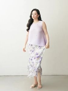 plusmall | Pleated Loose Blouse with Beads Print Fringe Skirt Set