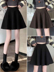 Black Woolen A-Line Mini Skirt High Waist Womens Fashion Autumn Winter Slimming Short Skirt Stylish Trendy Half-length Skirt