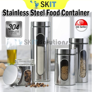 【SKIT SG】Airtight Food Storage Container - Large Stainless Steel Glass Interior Storage & Organization Set Stainless Steel Sealed Grain Jar Glass Kitchen Supplies Kitchen Canisters & Jars For Coffee Flour Pasta Rice Spices Herbs
