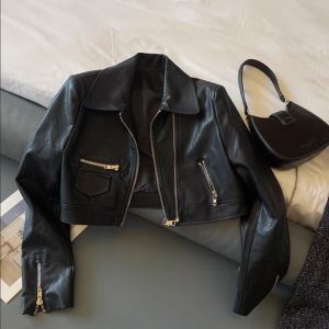 Street Style Black Retro Leather Jacket for Women Spring Autumn Small Size Hong Kong Wind Short PU Leather Coat