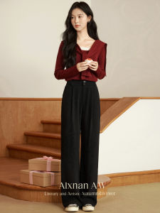 Slimming Straight Leg Wide Leg Pants High Waist Casual Womens Black Autumn Fashion Leisure Suit Long Trousers