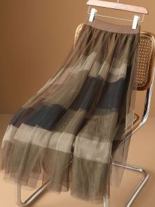 French Design Retro Color Blocked Sheer Drawstring Waist Half Skirt