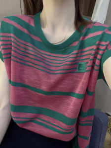 Shalldoer | Striped Ice Silk Short Sleeve T-Shirt Big Size Womens