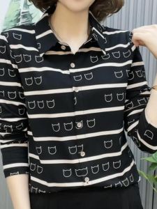 Áo Sơ Mi in Họa Tiết Rộng Rãi Dài Tay Cho Nữ Mùa Thu Phong Cách Mới Thời Trang Cỡ Lớn Che Bụng Áo Thun Cổ Polo Thường Ngày