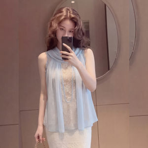 YIKEMAI | Large Size French Style Sleeveless Blue Blouse