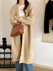 เสื้อคาร์ดิแกนถักยาวคลุมเข่าทรงหลวมสำหรับผู้หญิงในฤดูใบไม้ร่วงและฤดูหนาว เสื้อสเวตเตอร์คอวีแขนยาวทรงหลวมสำหรับผู้หญิง