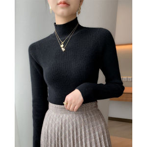 Áo Len Dệt Kim Dài Tay Ấm Áp Ôm Vừa Vặn Cổ Cao Lót Lông Cừu Phong Cách Hàn Quốc Thời Trang Thu Đông Mặc Trong