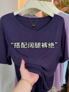 เสื้อยืดคอกว้างแขนสั้นผู้หญิง ทรงหลวม ทรงหลวม สไตล์เกาหลี ลำลอง ลำลอง ลำลอง สีพื้น แขนยาว 5 นิ้ว ฤดูร้อน 2025