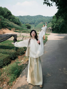 New Chinese Zen Style Shoulder Bared Half-length Womens Shirt Skirt Set Fashionable Long Sleeve round Neck Two-piece Suit