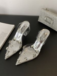 Giày Cao Gót Đính Đá Rhinestone Trong Suốt Cho Nữ Giày Cao Gót Mũi Nhọn Giày Cao Gót Đế Cao Bằng Cao Su Giày Mùa Hè