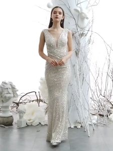 Gaun Malam Panjang Berpayet Leher V Elegan & Gaun Formal Putri Duyung