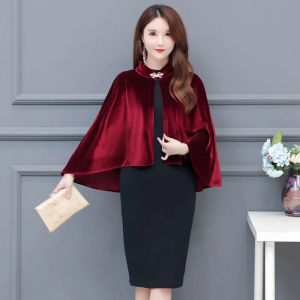 Red Velvet Shawl Short Outerwear Vintage Chinese Style Womens Jacket Moms Dress Cloak Ladies Fashion Spring Season Pure Color