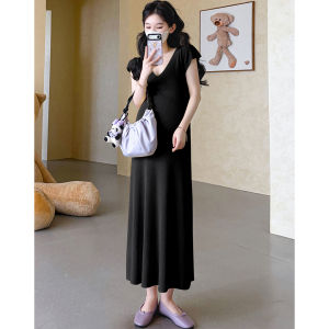 MAMABENSE | Pregnant Woman Summer New Korean Style Pale Yellow V-Neck Short-Sleeve Lightweight Knit Dress Medium-Long
