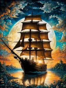 Huacan Full Square Round Diamond Painting Moon Sailboat Diamond Embroidery Landsacape Art Wall Decor