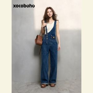 xocoboho | High Waisted Slim Fit Asymmetrical Wide Leg Denim Overalls