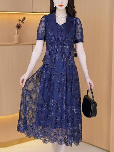 Váy Lưới Thêu Cao Cấp Cho Nữ Mùa Hè 2024 Váy Chữ a Dài Vừa Phải Tay Ngắn Cổ Tròn Dáng Chữ a Váy Hai Mảnh Cho Phụ Nữ Trung Niên