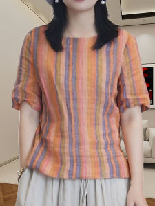 Retro Striped Slim Fit Shirt Womens Summer New Style Elegance round Neck mid Sleeve Loose Belly Cover Versatile Small Shirt