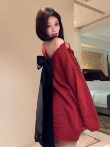 Red Christmas Butterfly Knot Backless V-Neck Sweater Womens Autumn Winter Lazy Style High-End Knitted Top New 2025