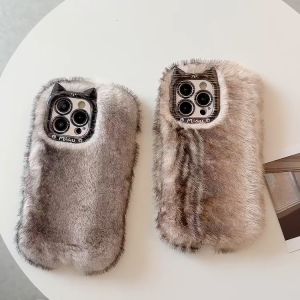 Soft Plush Cat Ears Phone camera Sable Phone Case For For iPhone 16 15 14 13 12 11 Pro Max Plus Fluffy Warm Winter Furry Fur Cover