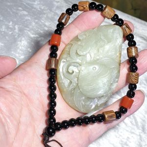 Premium Hetian Pebble Nephrite whitish light green hue Angelfish & Ruyi Jade handheld/large pendant (with certificate) 和田玉籽玉微绿如意神仙鱼手把件(带证书送挂绳)