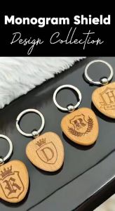 Transfer it Customized/Personalized Wooden Shield Keychain Monogram Design Laser Engraved W/ Box