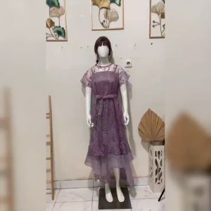 Dress 2in1 Pesta Natal Wanita Model Terbaru Inner dan Outer Dress Liona Model Lengan Pendek Dress Kondangan 2024 Matt Tille Mutiara Mix Satin Velvet Dan Organza Kaca