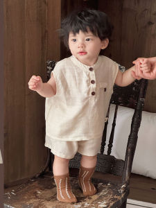 Summer Cotton Linen Set Baby Toddler Skin-friendly Thin No-sleeve Two-piece Casual Wear for Boys And Girls Aged 1-3 Years