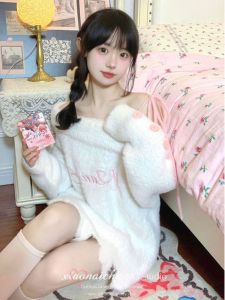 Sweet Style Cut Out Mink Hair Short Model in White Color Sweater Womens Autumn and Winter Loose Slimming Long Sleeves Sweater Anti-Aging Top