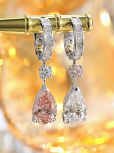 Queensun 18K gold lab diamond mandarin duck earrings water droplet tassel earrings pink diamond contrasting earrings for women鸳鸯水滴钻石耳钉钻石耳坠for women gift women stud earring