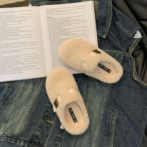 Thick Sole Fluffy Slippers Womens Outwear 2024 Fall and Winter New Arrival Gommino Slip-on Real Fur Slip-on Cotton Shoes Slippers