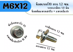 โบลท์ M6X12 น็อตติดแหวนในตัว *ราคาต่อเเพ็ค* น็อตเบอร์ 10 (M6) เกลียวยาว12มิล แหวนสปริง+แหวนอีแปะ ความยาวรวมแหวน15มิล(ไม่รวมหัวน็อต) สำหรับรถยนต์และมอไซค๋