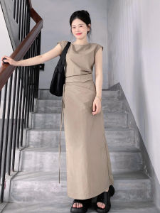 HUAYILING | ชุดเดรสยาวแขนกุดสไตล์ฝรั่งเศสสำหรับผู้หญิงในฤดูร้อน ชุดทำงาน ชุดสองชิ้น สไตล์หวาน สีพื้น ทรงเอ วัสดุโพลีเอสเตอร์และไนลอน