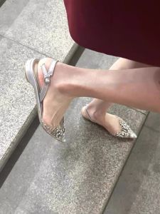 Summer 2024 Elegant Transparent Diamond Pointed Low Heel Sandals Women Fairy Style Flat Head Buckle Slippers Fashionable Shoes
