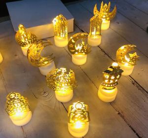 Ramadan Raya LED Light Ornaments Candle Eid Mubarak  Festival Decoration Gold Metal LED Lampu Hiasan Hari Raya