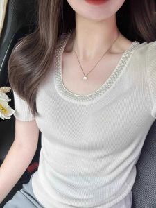 Korean Style Heavy Industry Beads U Collar Ice Silk Sweater Short Sleeve T-shirt Womens Summer Fancy Accessible Luxury Silm Elegant Tops