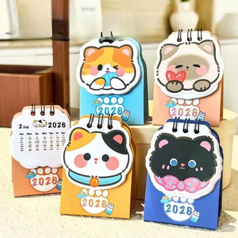 4Pcs Cute 2026 Mini Desk Calendar Cartoon Cat Daily Organization Desktop Calendar Coil Planner To Do List Coil Calendar School