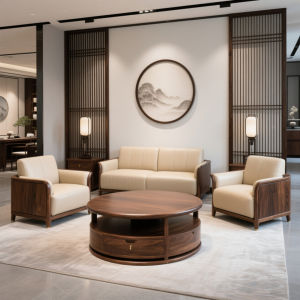 New Chinese Style Solid Wood Leather Sofa Set Villa High End Sample Room Furniture Black Walnut Wood Home Decor