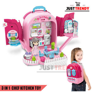 3 in 1 DIY Educational Pretend Play Role Kit Folding Chef Kitchen Toy With Backpack for Kids
