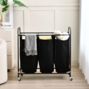 3 Compartments Waterproof Dirty Clothes Basket Storage Basket With Wheels Detachable Fabric Bag Metal Frame Storage Basket Suitable For Bathrooms Laundry Rooms Bedrooms