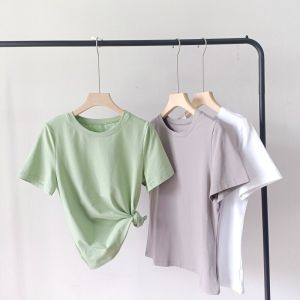 Summer K-style Look: Fairer Slimming Green Short Sleeve T-shirt Womens Net Round Neck Pure Cotton Base Solid Color Basic Tops