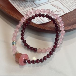 粉水晶双圈手链搭配天然石榴石双拼水晶手串女款小众精致手饰Vòng đeo tay hai vòng màu hồng kết hợp với đá lựu tự nhiên Vòng đeo tay pha lê đôi cho phụ nữ