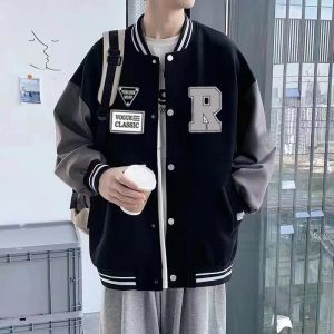 แจ็คเก็ตเบสบอลหลวมๆ สำหรับเด็กและเยาวชน ฤดูใบไม้ผลิและฤดูใบไม้ร่วง สไตล์ฮาราจูกุ สไตล์วิทยาลัย แจ็คเก็ตขนแกะสำหรับผู้ชาย เสื้อคลุมกีฬา