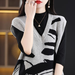Loose Womens Knitted Vest 2025 Spring Autumn Seasonal New Style V-Neck Patchwork Sleeveless Oversized Trendy Top