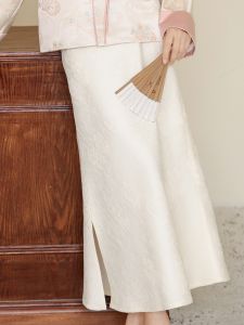 New Original Chinese Style Half Skirt Bohemian Artistic Slimming Zen Middle Length A-Line Skirt Versatile Natural Waist Pure Color Polyester