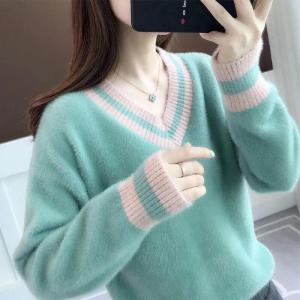 Fashionable V-Neck Mink Sweater Womens Loose Thickened Knitted Top Trendy Lazy Style Autumn Winter New Arrival Straight Tube