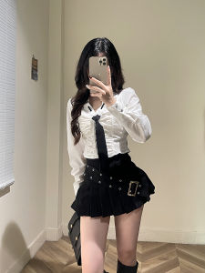 Bộ Hai Mảnh Ngắn Phong Cách Đại Học Cổ Polo Ôm Vừa Vặn Xếp Ly Áo Sơ Mi Dài Tay Gợi Cảm Bé Gái Phong Cách Thấp Vòng Eo Xếp Ly Mini Váy