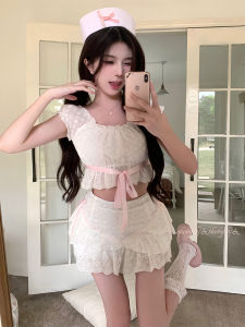Pure Desire Sweet Girl White Short Top Butterfly Knot Lace Set Women Fashionable Summer Outfit Short Sleeve Student Uniform