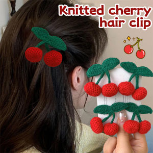 2Pcs Knitted Cherry Hair Clip Sweet Cute Cherry Red Fruits Hairpin 3D Kawaii Bangs BB Barrette Creative Fashion Hair Accessories