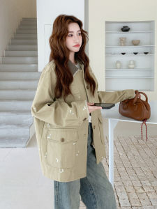 Khaki Retro Hook Edge Embroidery Workwear Jacket Womens Mid-Length Versatile Jacket Commute Style Loose Fit Long Sleeve